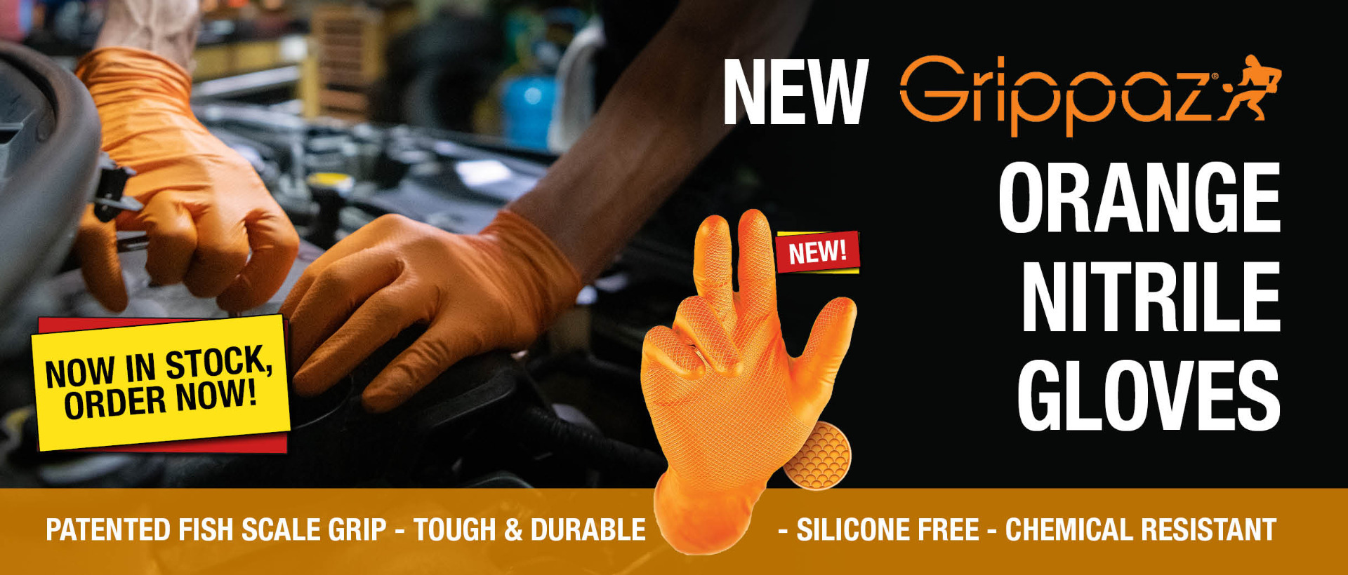 New Grippaz Orange Nitrile Gloves: Patented fish scale grip. Tough and durable. Silicone free. Chemical resistant. Now in stock, order now!